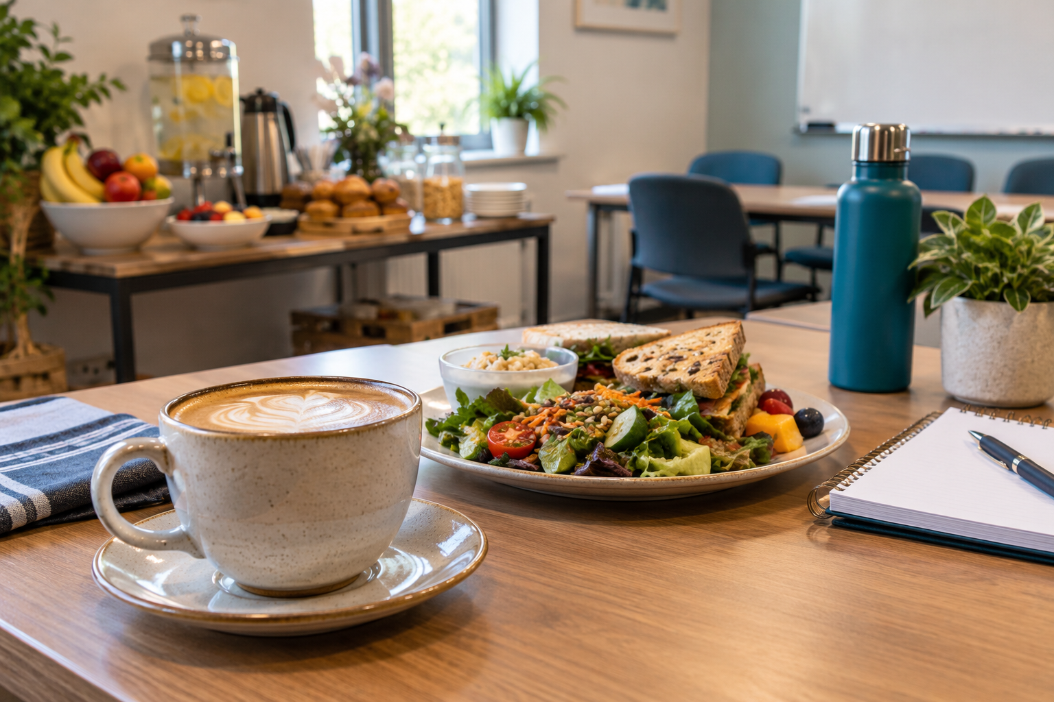 Illustrative concept of coffee, snacks, and catered classroom lunch