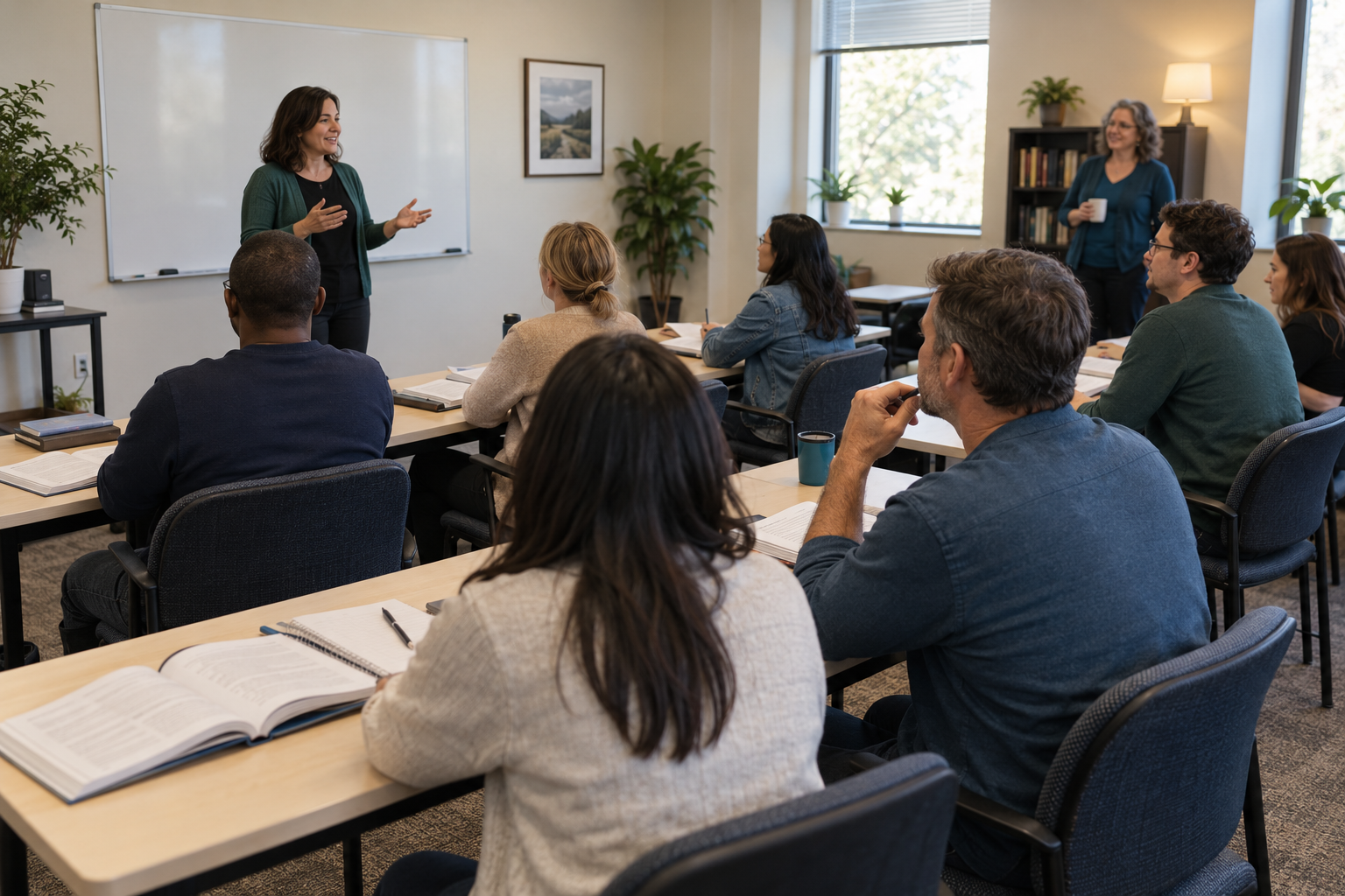 Illustrative classroom concept showing adult students and two instructors
